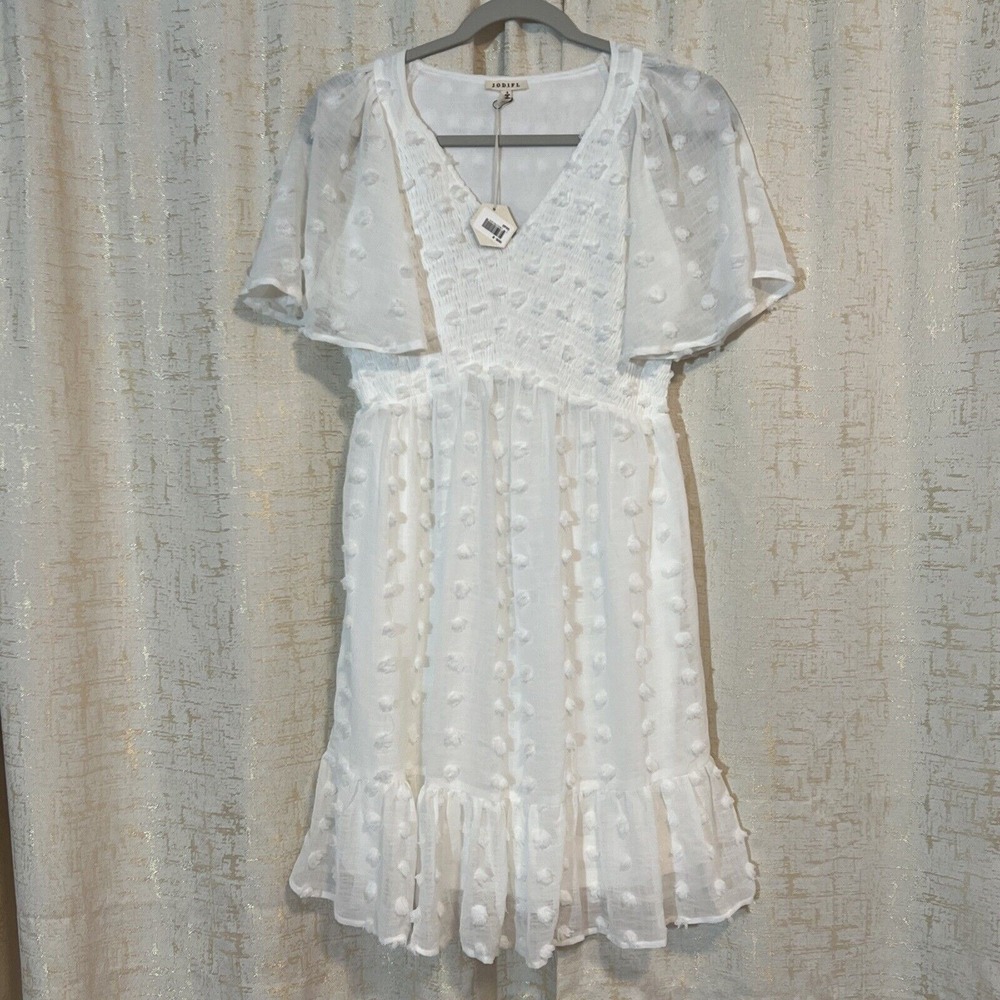 NWT Jodifl Swiss Dot Mini Dress Women Small White Smocked Flutter Sleeve Summer